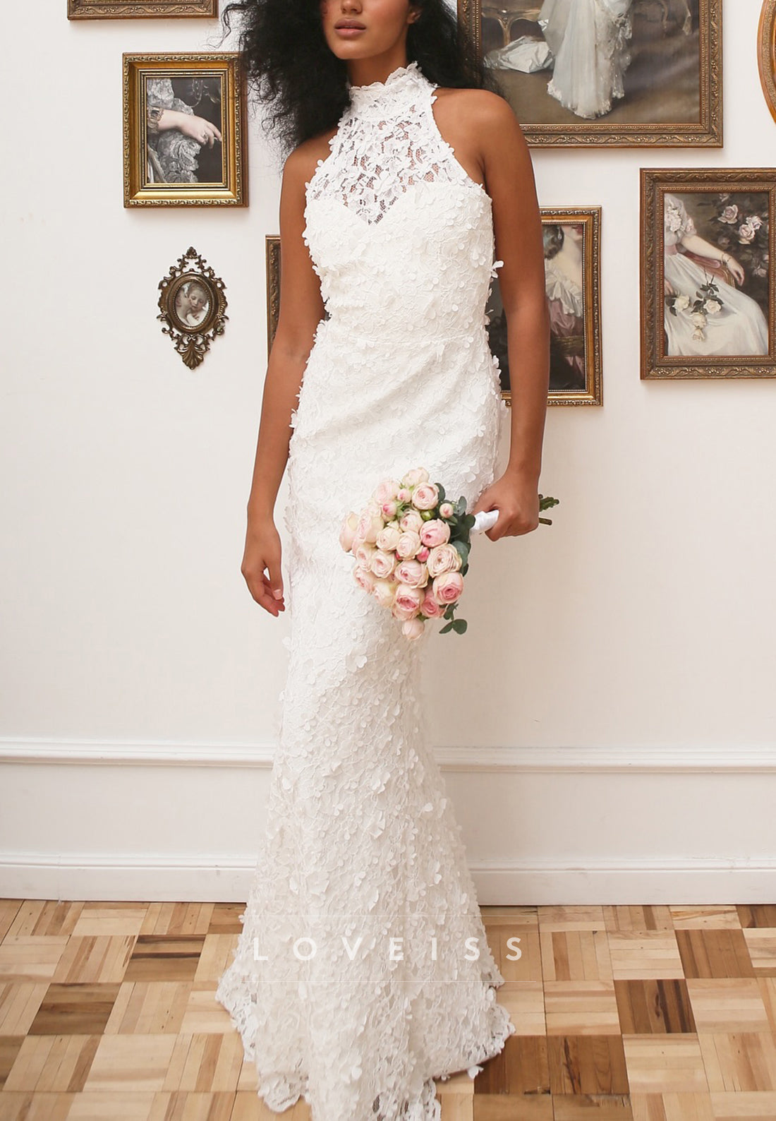 Halter Sleeveless Floral Embellished Mermaid Wedding Dress