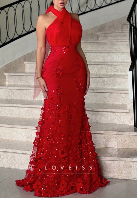 Halter Sleeveless Floral Embellished Prom Dress Mermaid Evening Dress