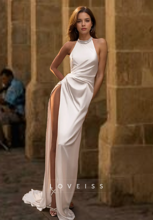 Halter Sleeveless High Slit Sleek Sheath Beach Wedding Dress