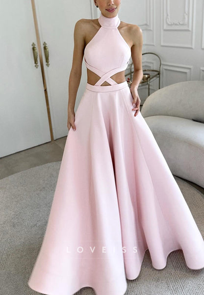 Halter Sleeveless Illusion Satin A-Line Evening Dress