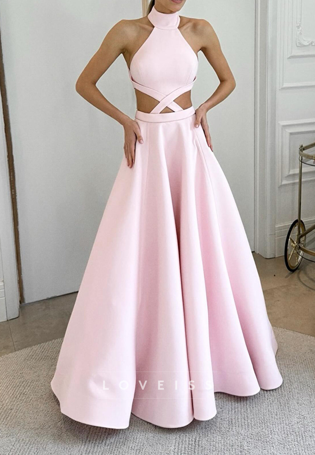 Halter Sleeveless Illusion Satin A-Line Evening Dress
