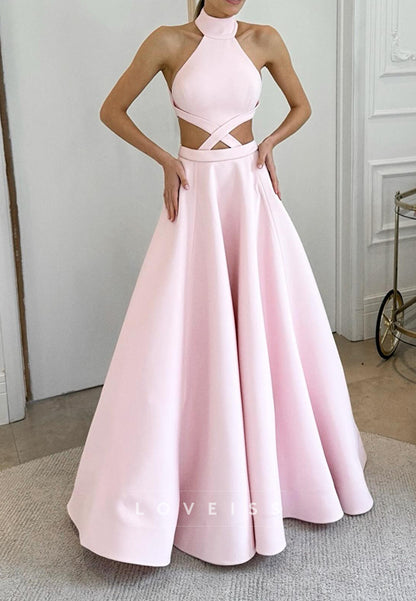 Halter Sleeveless Illusion Satin A-Line Evening Dress