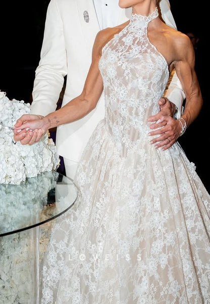 Halter Sleeveless Lace Appliques A-Line Wedding Dress