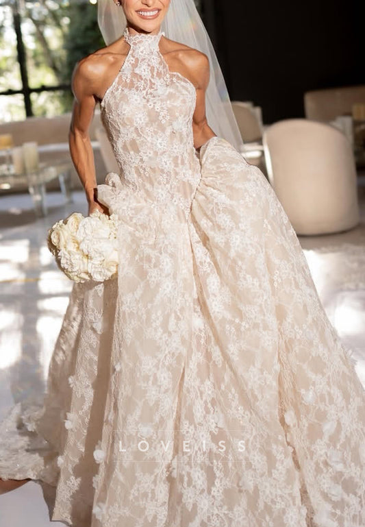 Halter Sleeveless Lace Appliques A-Line Wedding Dress