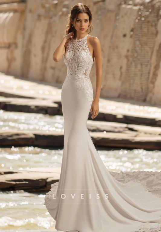 Halter Sleeveless Lace Appliques Sleek Mermaid Boho Wedding Dress