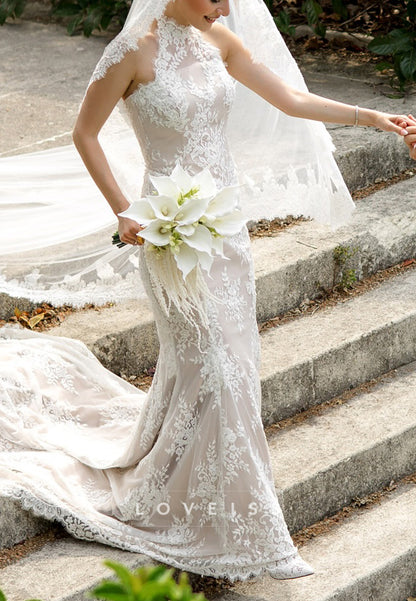 Halter Sleeveless Lace Appliques Vintage Mermaid Wedding Dress