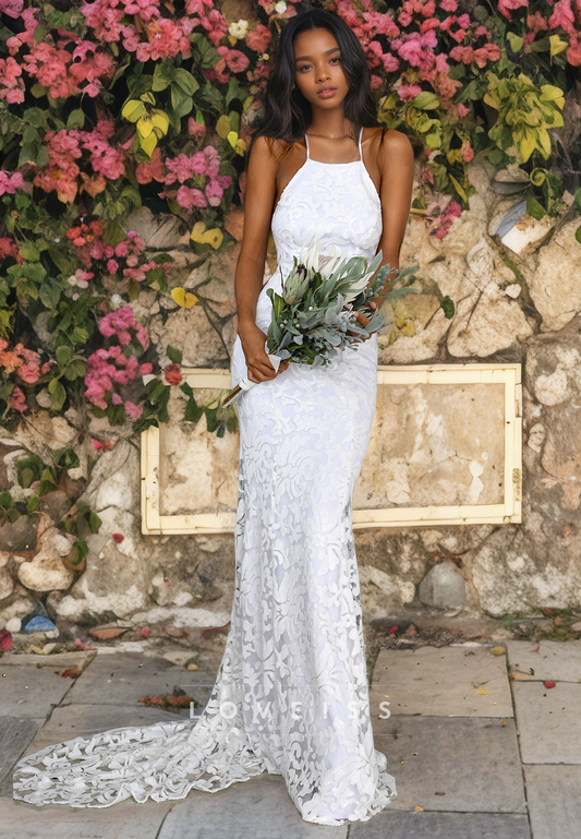 Halter Sleeveless Open Back Appliques Mermaid Beach Wedding Dress