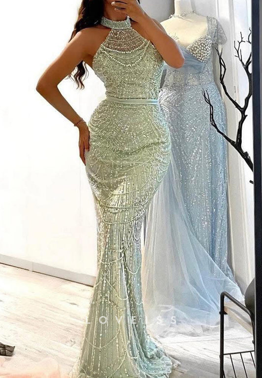 Halter Sleeveless Pearl Beaded Embroidery Mermaid Prom Dress