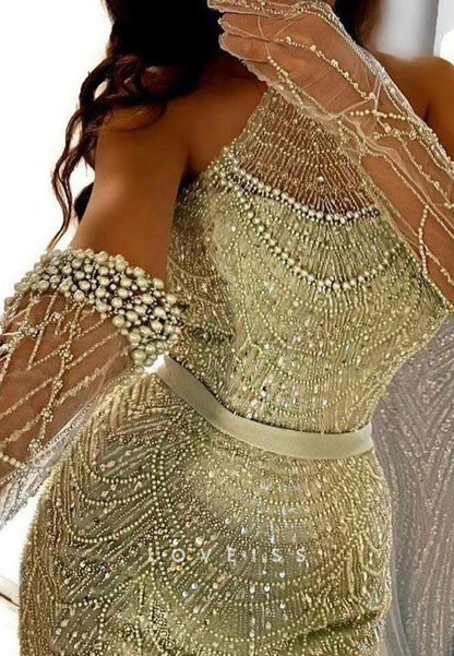 Halter Sleeveless Pearl Beaded Embroidery Mermaid Prom Dress