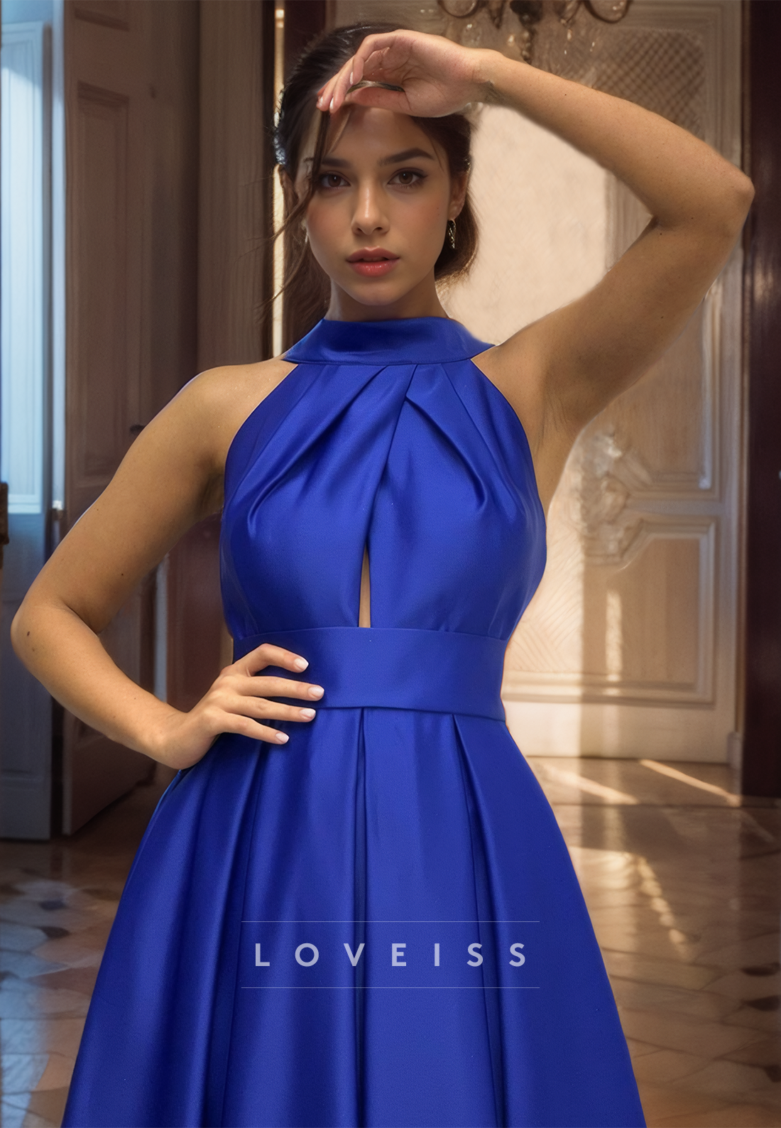 Halter Sleeveless Pleated Satin A-Line Formal Dress