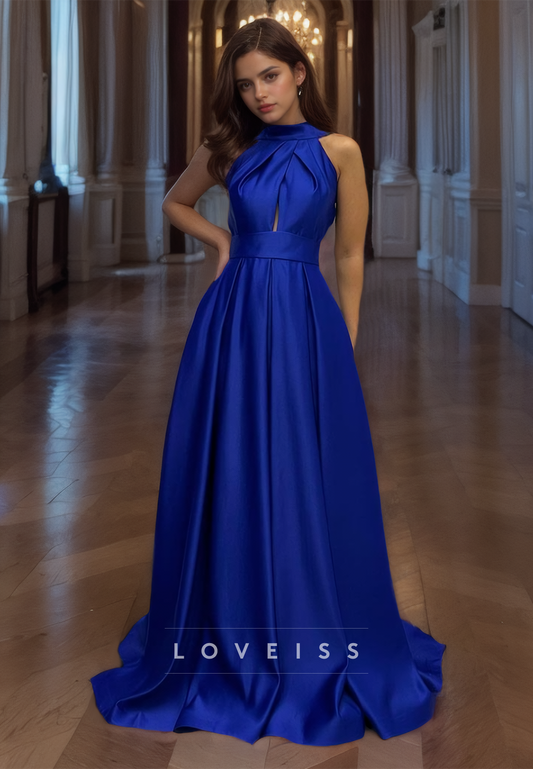 Halter Sleeveless Pleated Satin A-Line Formal Dress