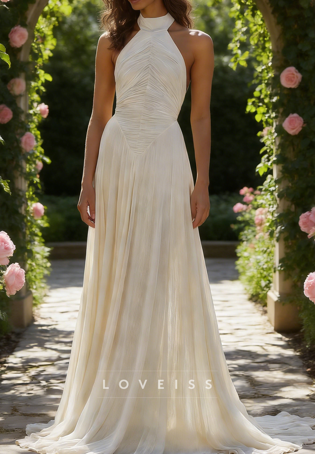 Halter Sleeveless Pleated Simple A-Line Beach Wedding Dress