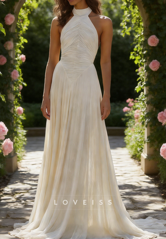 Halter Sleeveless Pleated Simple A-Line Beach Wedding Dress