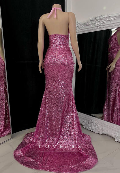 Halter Sleeveless Sequins Illusion Sparkly Sheath Prom Dress for Black Girls