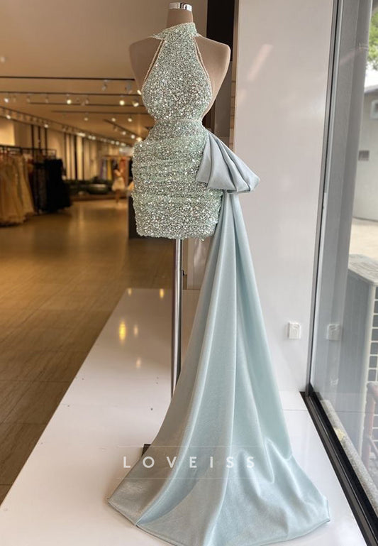 Halter Sleeveless Sequins Sparkly Sheath Parrty Homecoming Dress