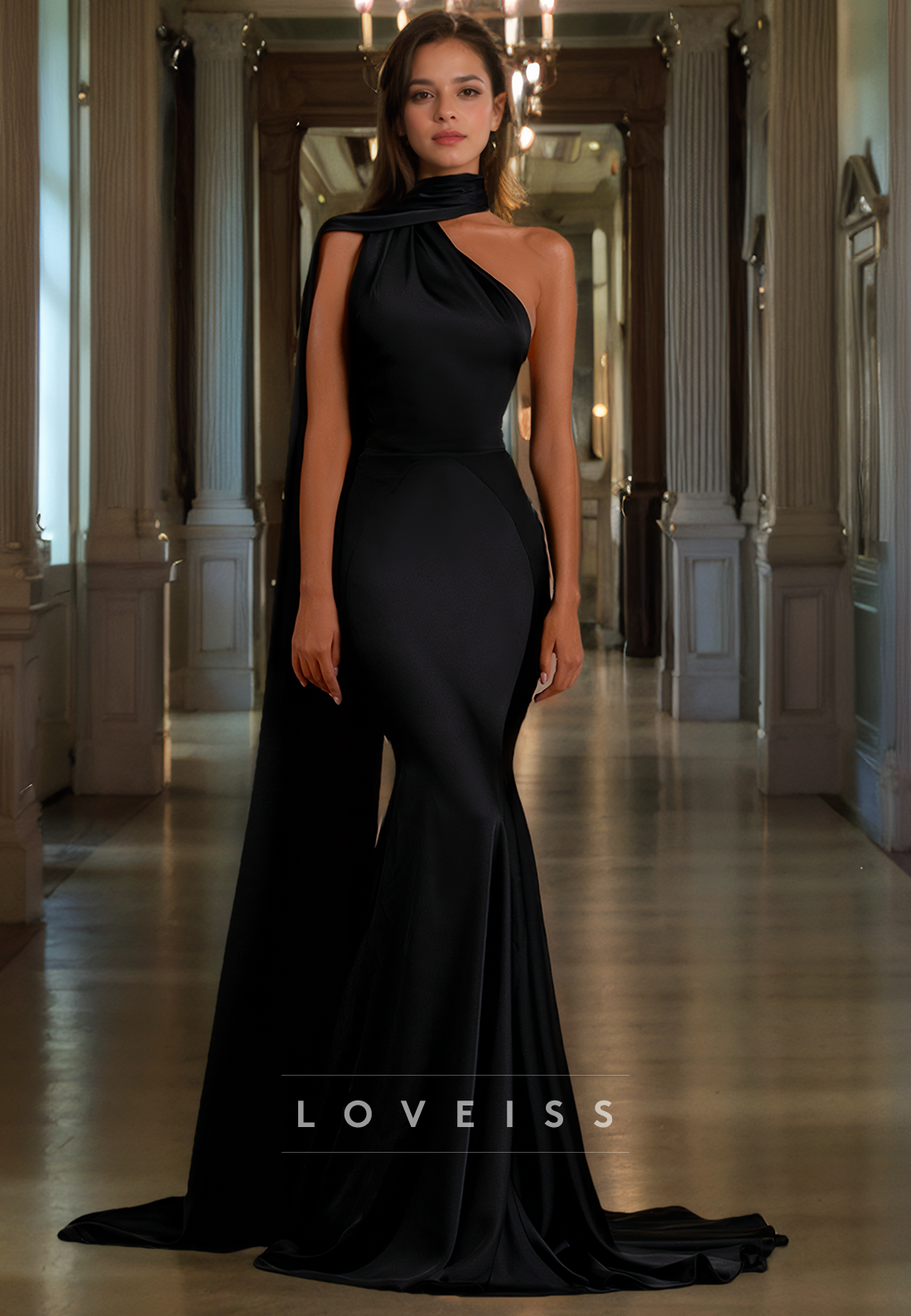 L9016 - One Shoulder Ruched Black Long Mermaid Formal Party Dress