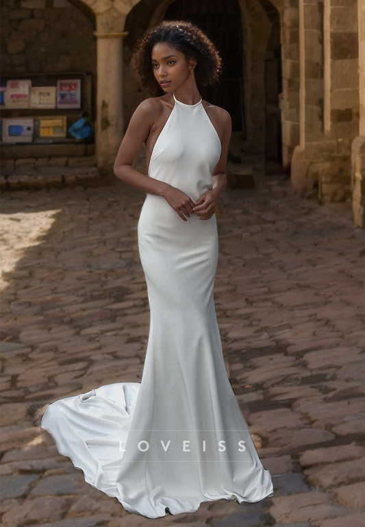 Halter Sleeveless Sleek Mermaid Simple Beach Wedding Dress