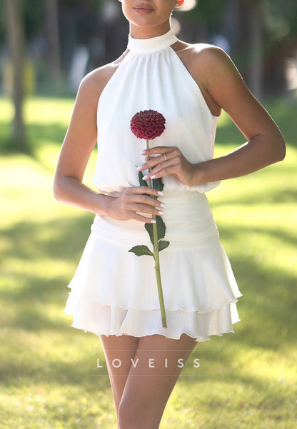 Halter Sleeveless Tiered A-Line Short Wedding Dress