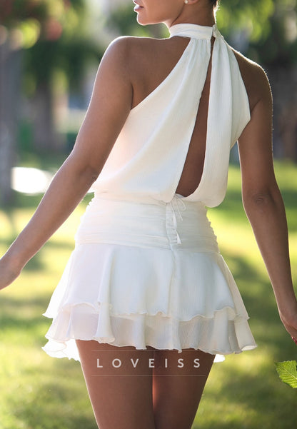 Halter Sleeveless Tiered A-Line Short Wedding Dress