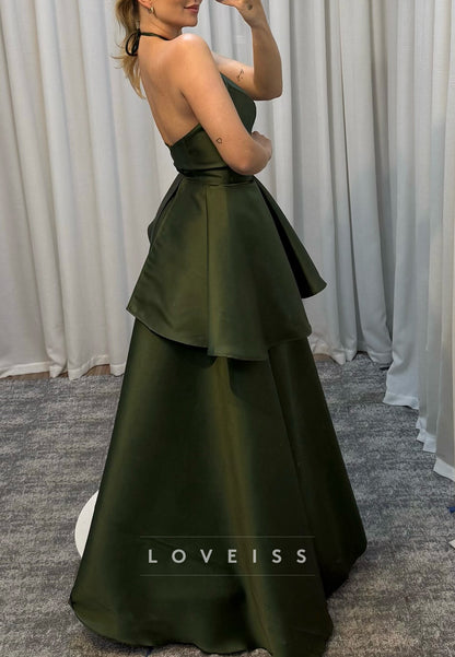 Halter Sleeveless Tiered Satin A-Line Mother of Bride Dress