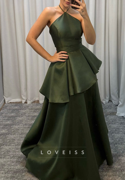 Halter Sleeveless Tiered Satin A-Line Mother of Bride Dress