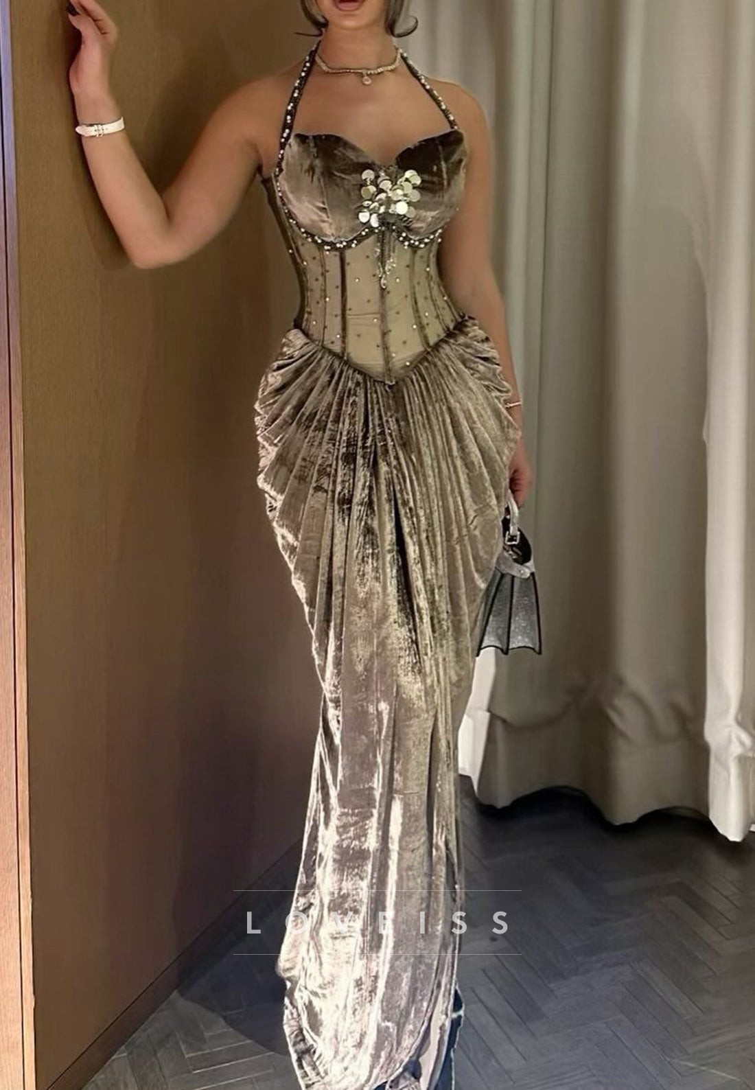 Halter Sweetheart Ruched Velvet Mermaid Prom Dress