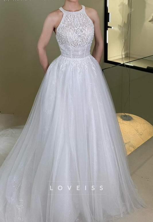 Halter Tulle Appliques Ball Gown Sleeveless Wedding Dress