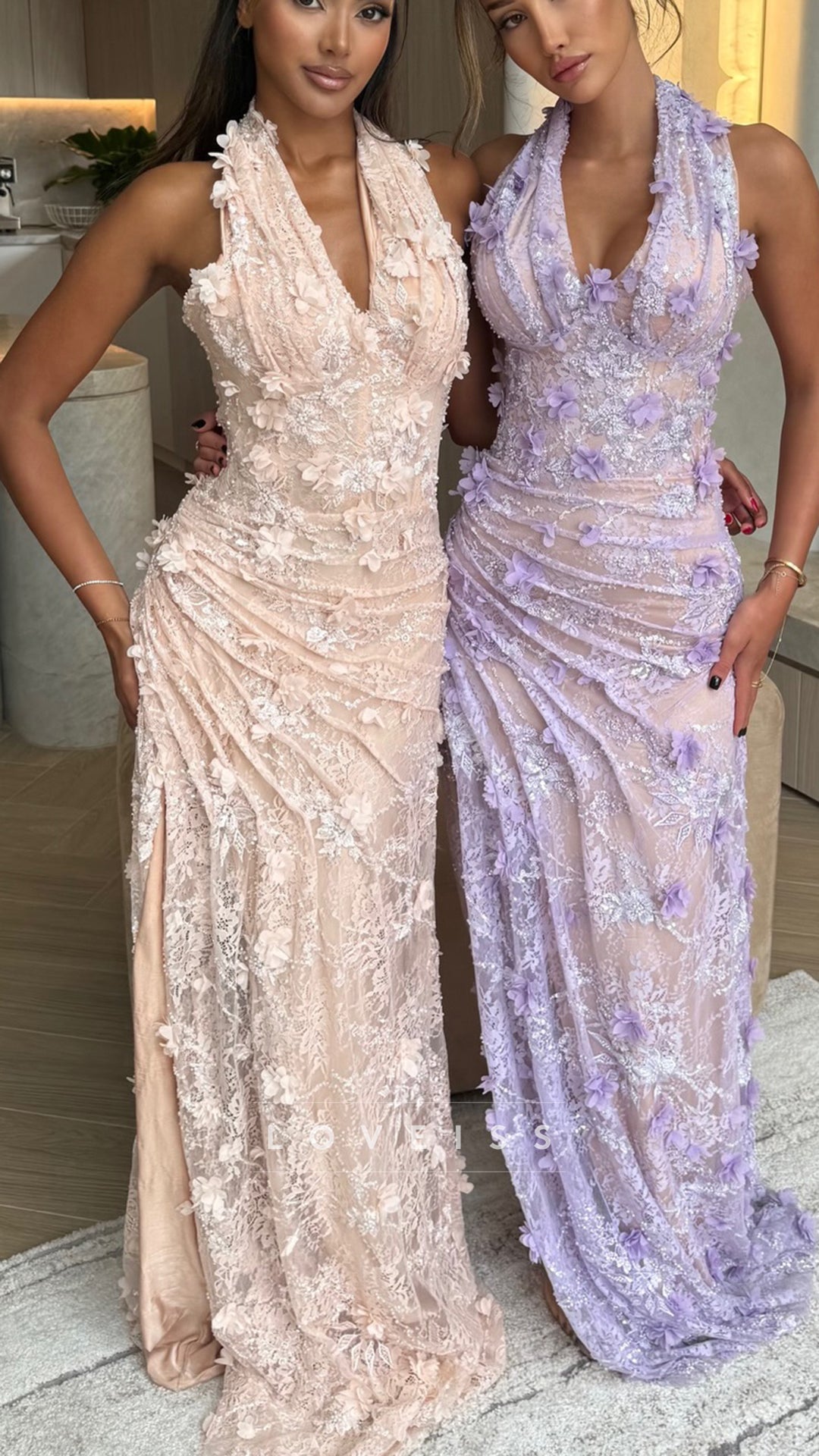 Halter V-Neck Appliques Pleated Sheath Prom Dress