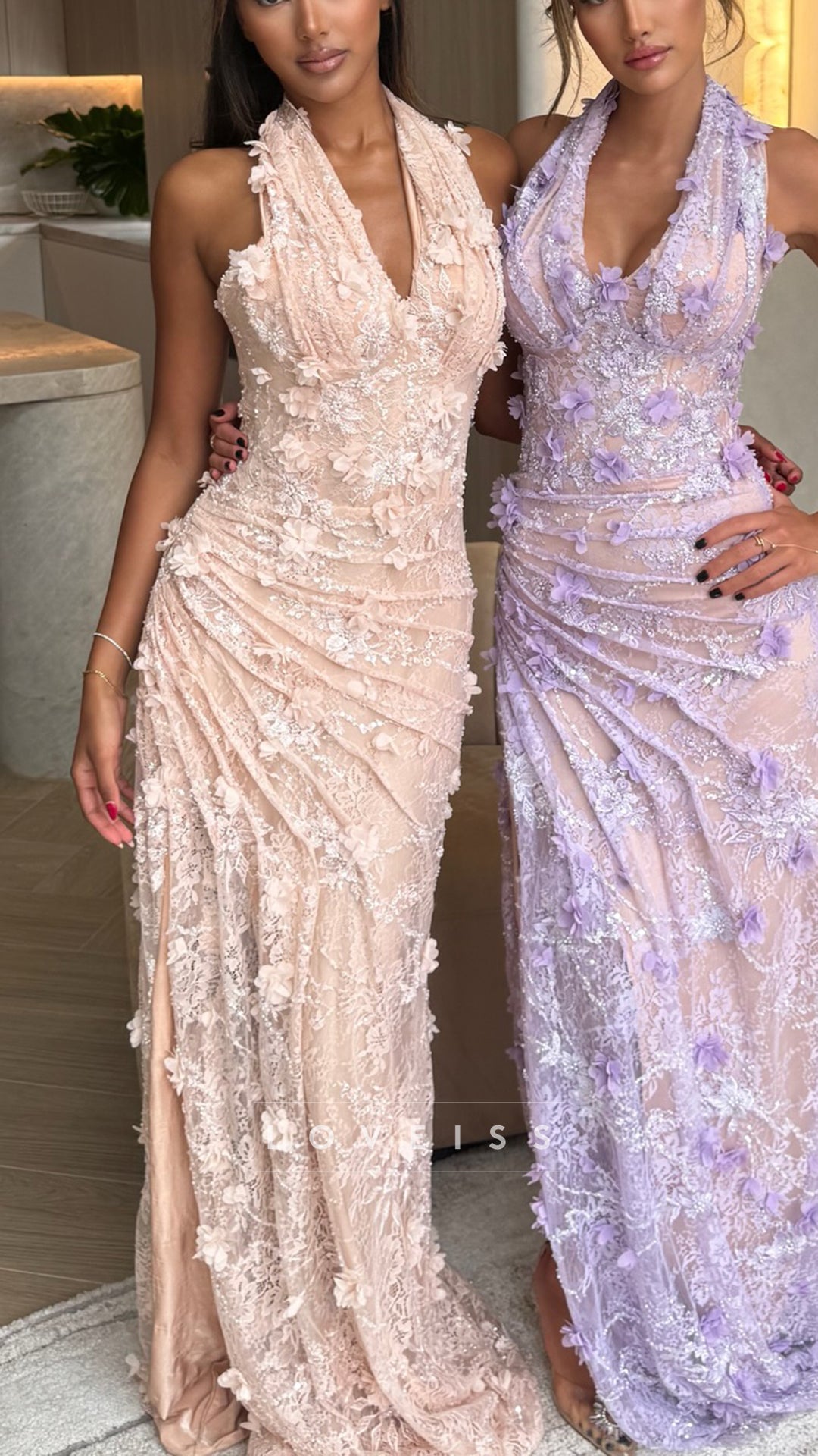 Halter V-Neck Appliques Pleated Sheath Prom Dress