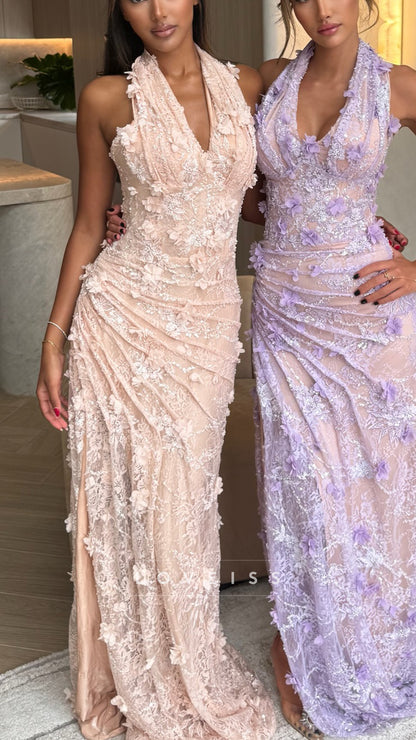 Halter V-Neck Appliques Pleated Sheath Prom Dress