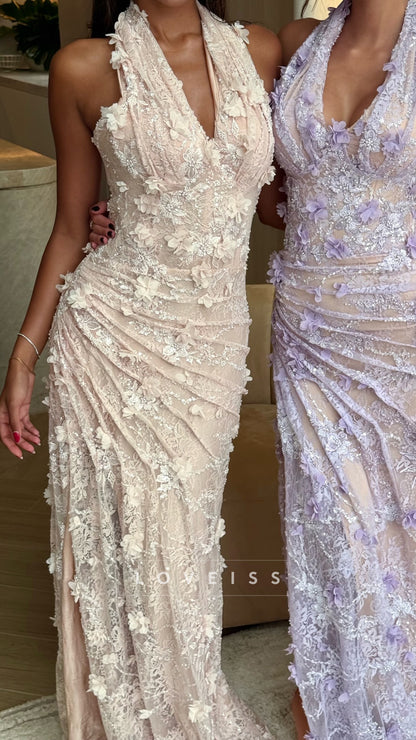 Halter V-Neck Appliques Pleated Sheath Prom Dress
