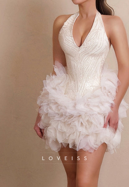 Halter V-Neck Beaded Embroidery Ruffles A-Line Party Homecoming Dress