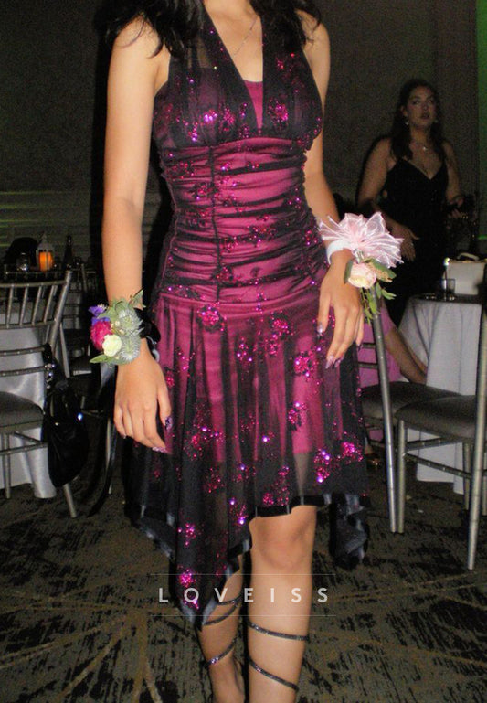 Halter V-Neck Beaded Pleated A-Line Sparkly Party Homecoming Dress