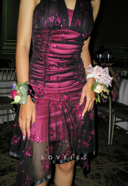 Halter V-Neck Beaded Pleated A-Line Sparkly Party Homecoming Dress