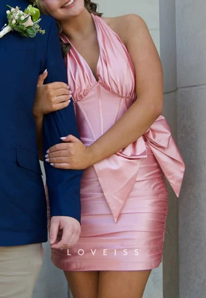 Halter V-Neck Bowknot Sheath Party Homecoming Dress