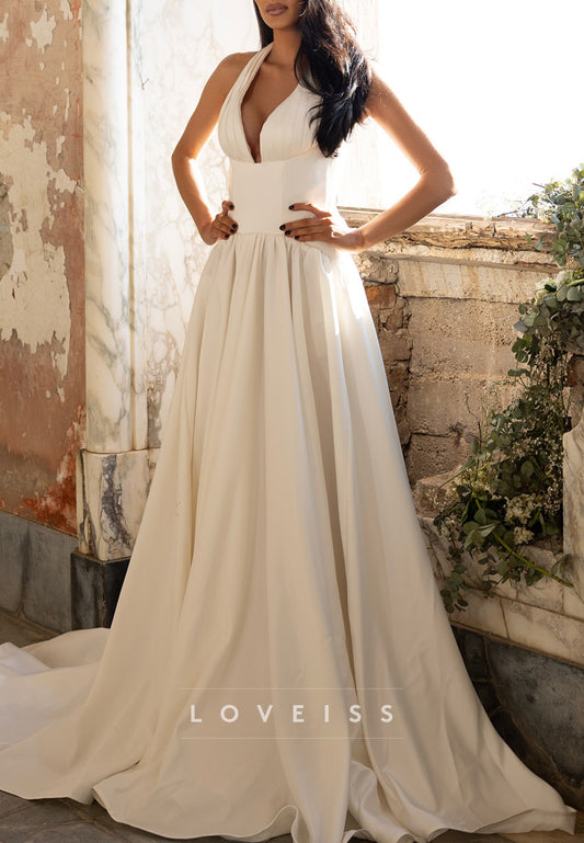 Halter V-Neck Empire Waist Pleated A-Line Wedding Dress