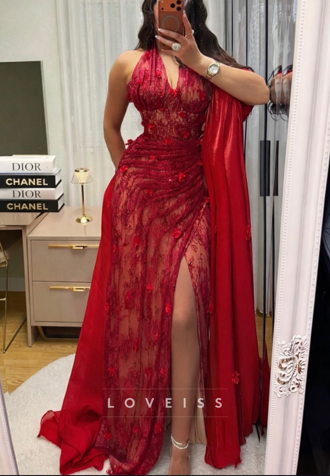 Halter V-Neck Floral Appliques Sheath Prom Dress