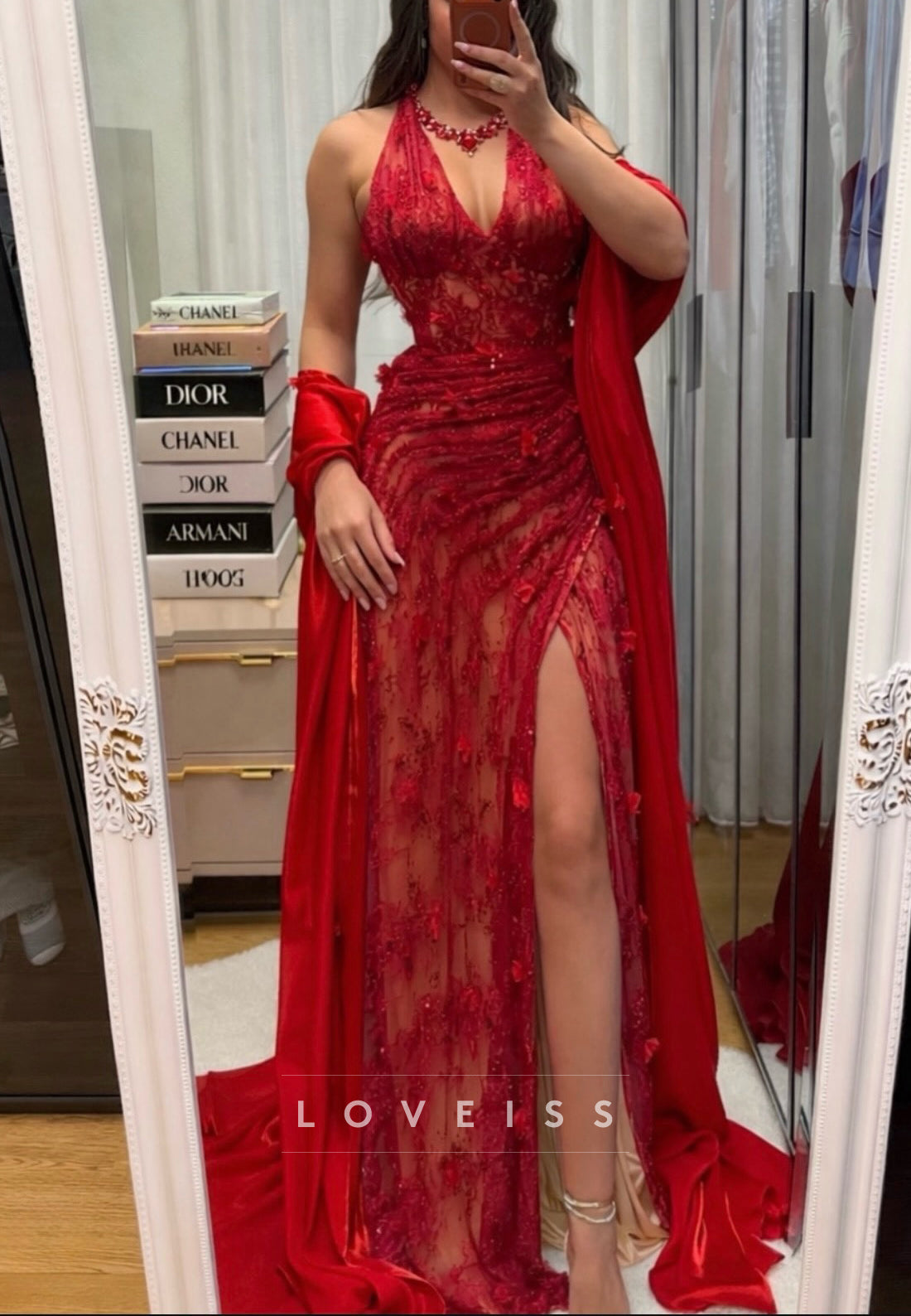 Halter V-Neck Floral Appliques Sheath Prom Dress