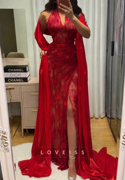 Halter V-Neck Floral Appliques Sheath Prom Dress
