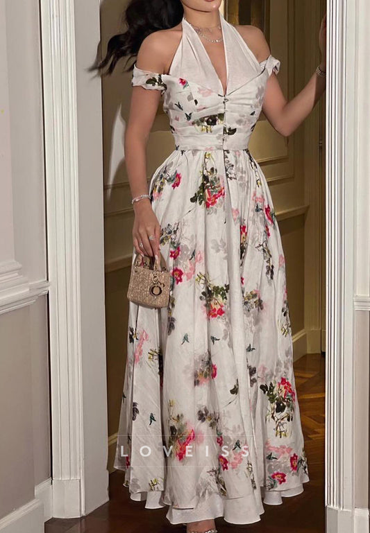 Halter V-Neck Floral Printed A-Line Wedding Guest Dress