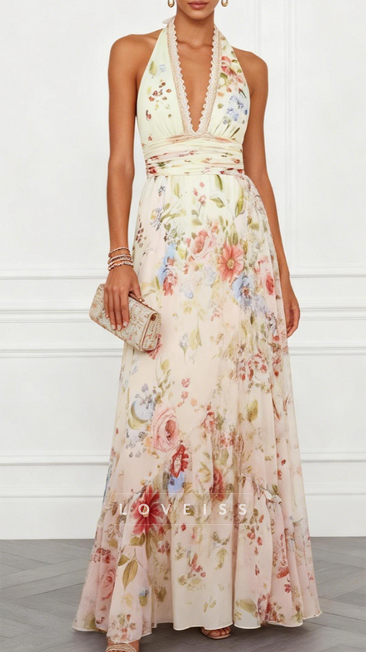 Halter V-Neck Floral Printed A-Line Wedding Guest Dress