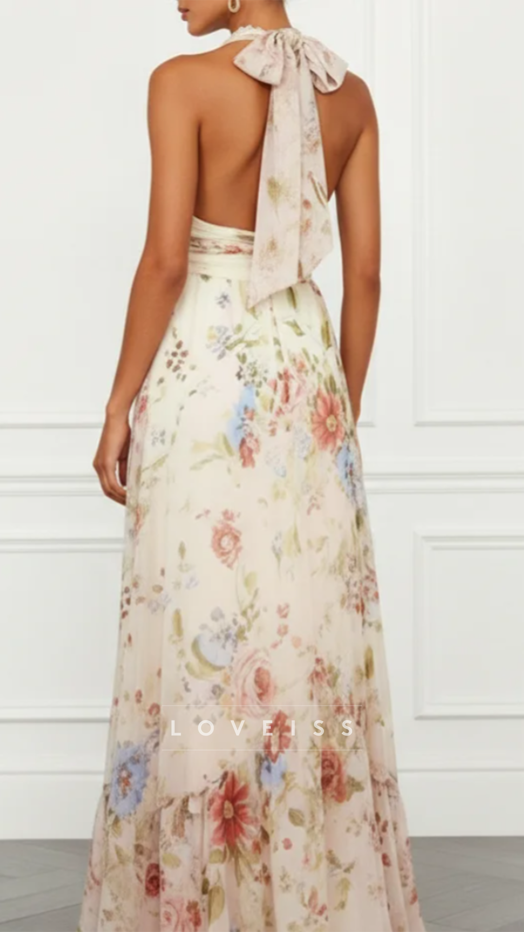 Halter V-Neck Floral Printed A-Line Wedding Guest Dress