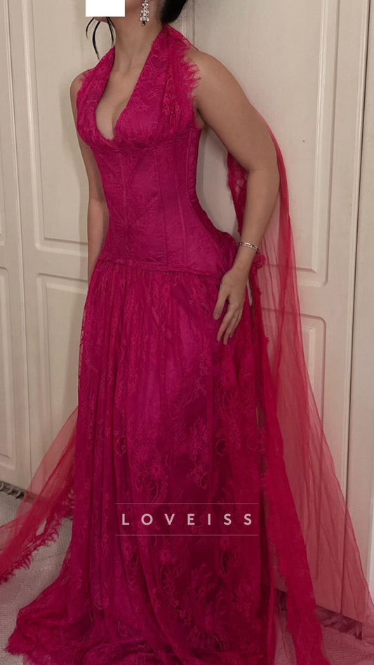 Halter V-Neck Lace Appliques A-Line Prom Dress