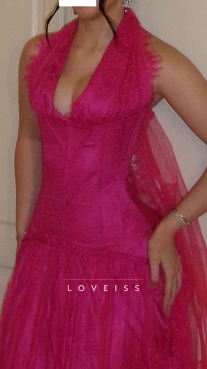 Halter V-Neck Lace Appliques A-Line Prom Dress