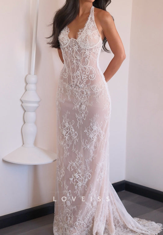 Halter V-Neck Lace Appliques Mermaid Wedding Dress