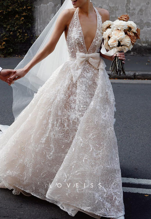 Halter V-Neck Lace Appliques Sleeveless A-Line Wedding Dress