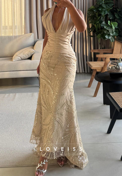 Halter V-Neck Sequins Appliques Mermaid Evening Dress