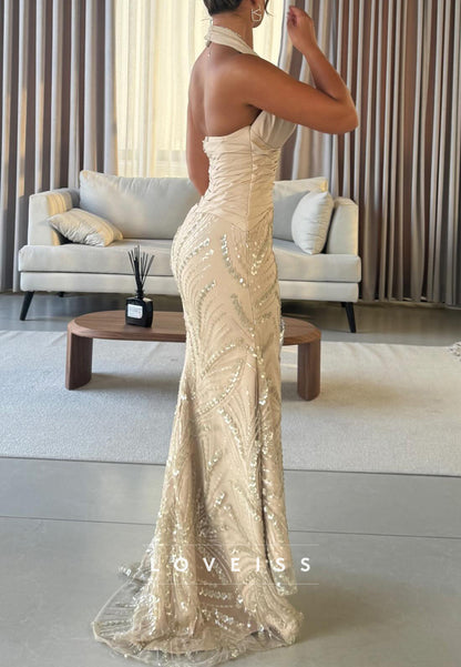 Halter V-Neck Sequins Appliques Mermaid Evening Dress