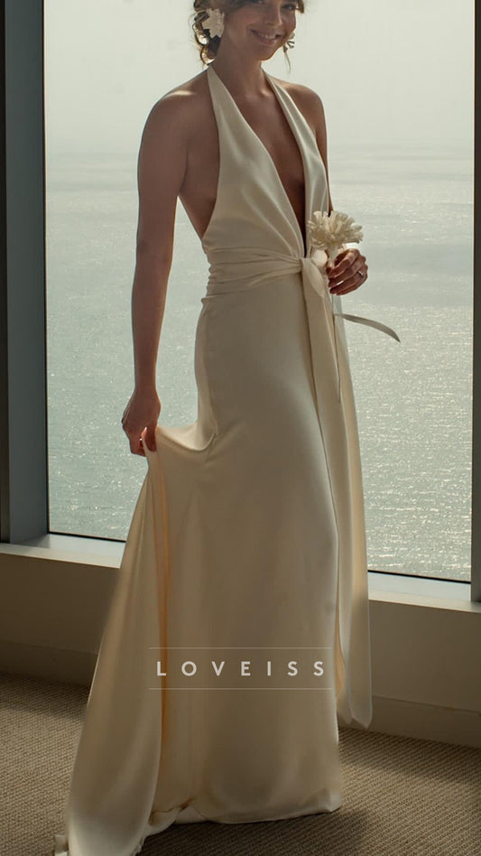 Halter V-Neck Sleeveless A-Line Beach Wedding Dress