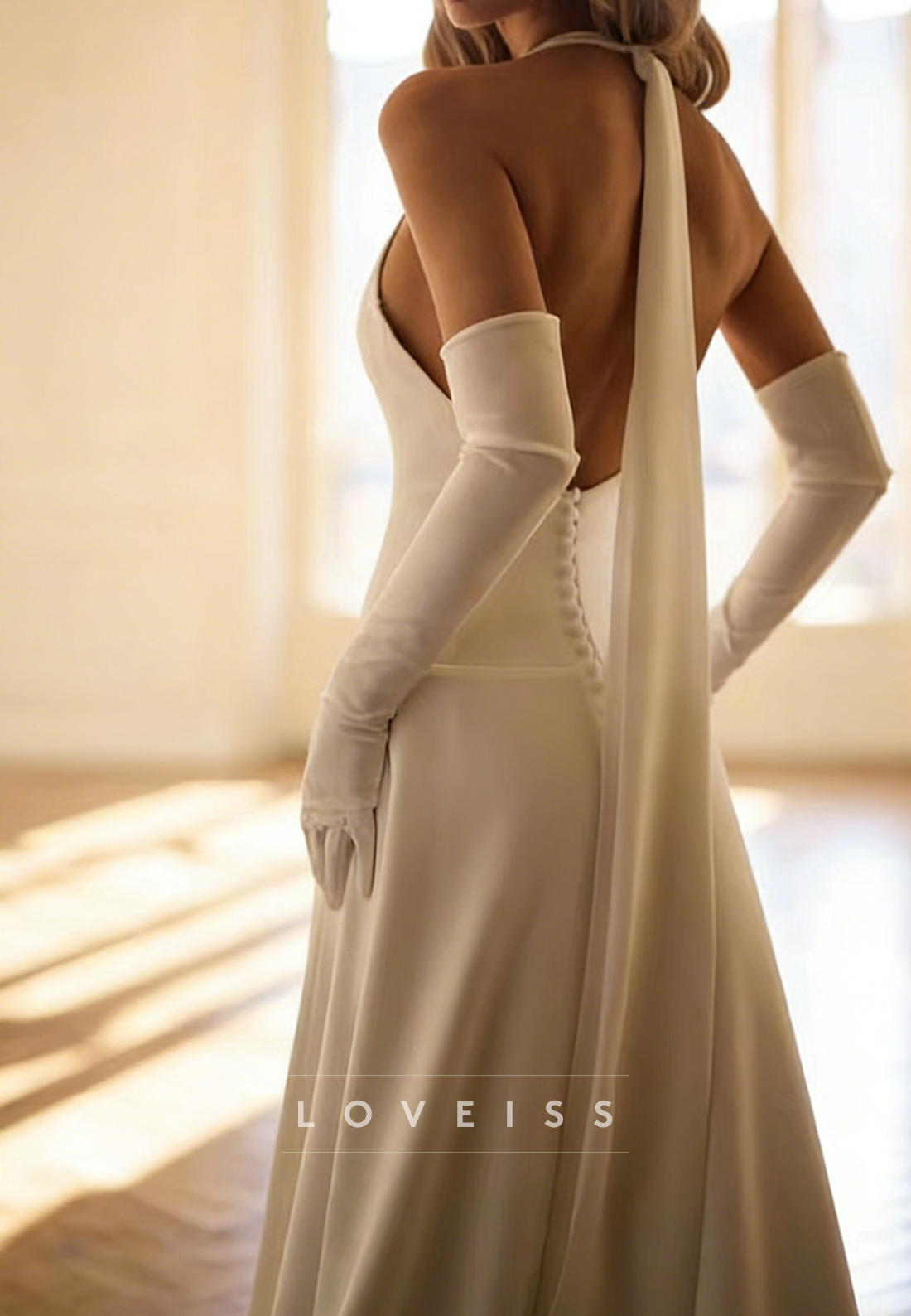 Halter V-Neck Sleeveless A-Line Simple Wedding  Dress